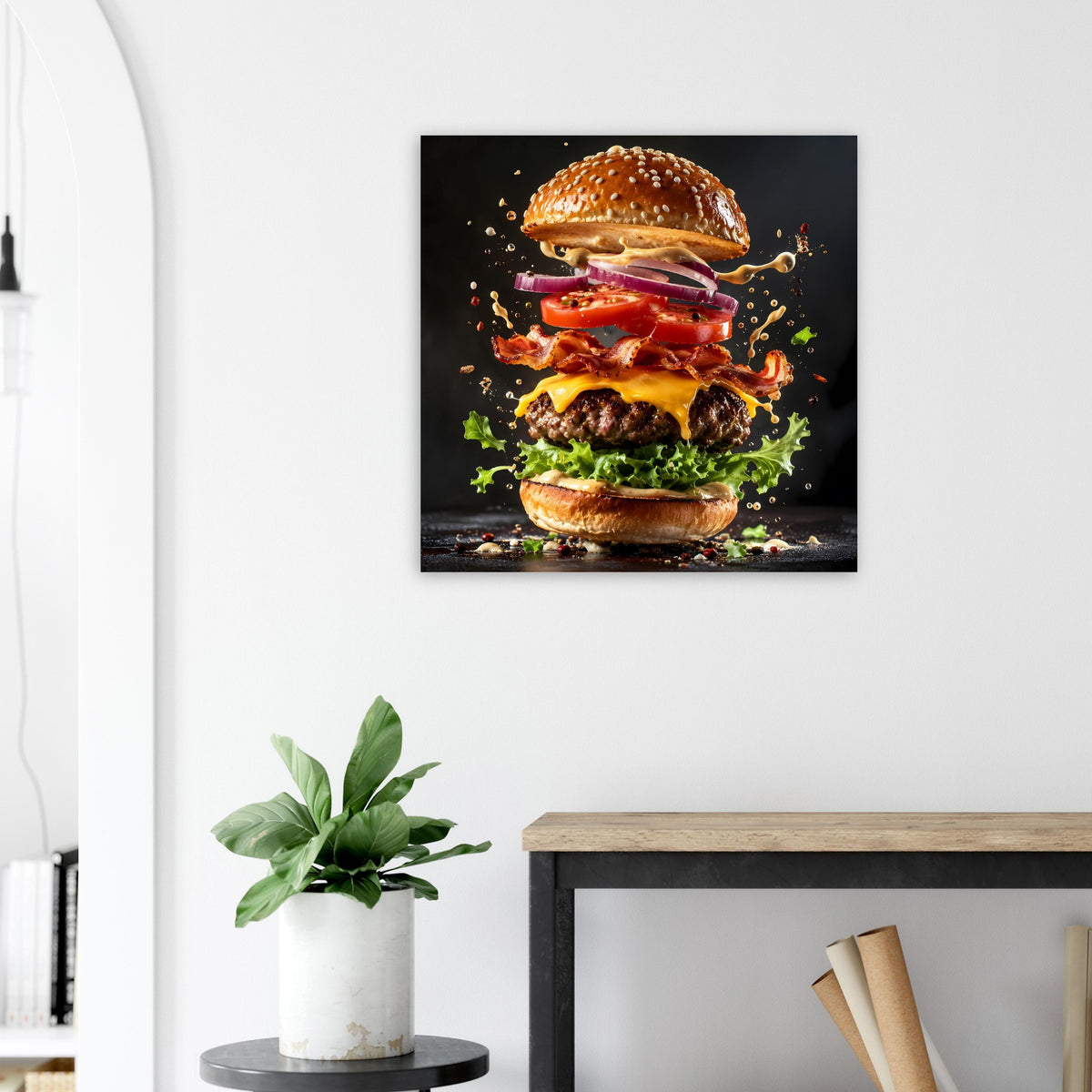 Gerahmtes Wandposter mit Burgermotiv: gestapelte Burgerhälften mit bunten Tropfen