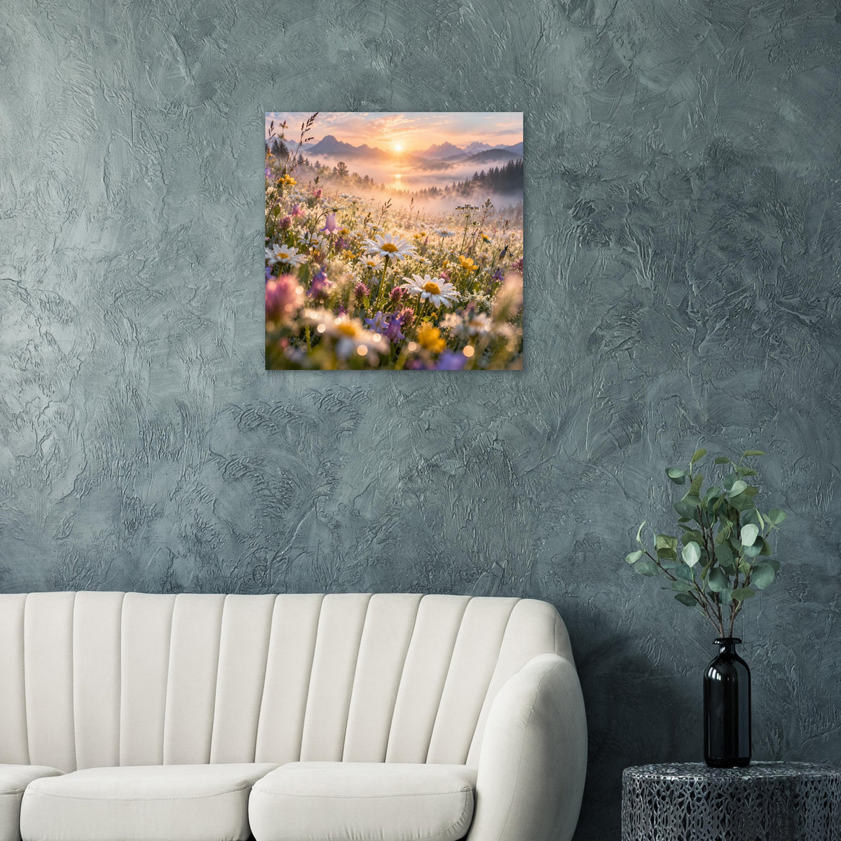 Blumenwiesen-Poster mit Sonnenaufgang über Feldern, quadratisch im Rahmen