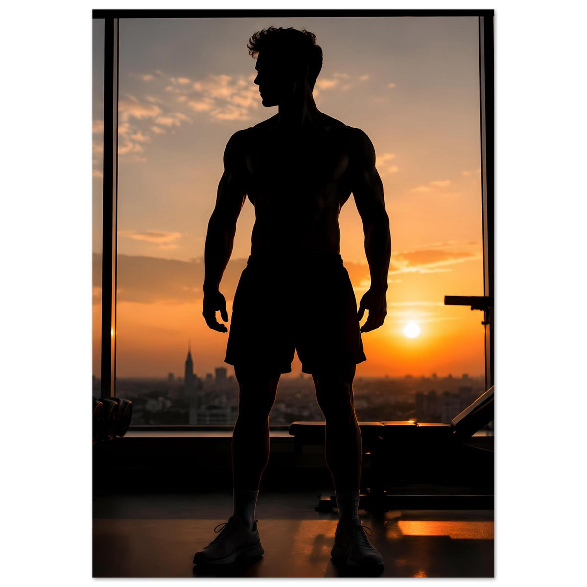 Fitness-Poster mit dunkler Silhouette eines trainierenden Mannes, seitlich im Profil