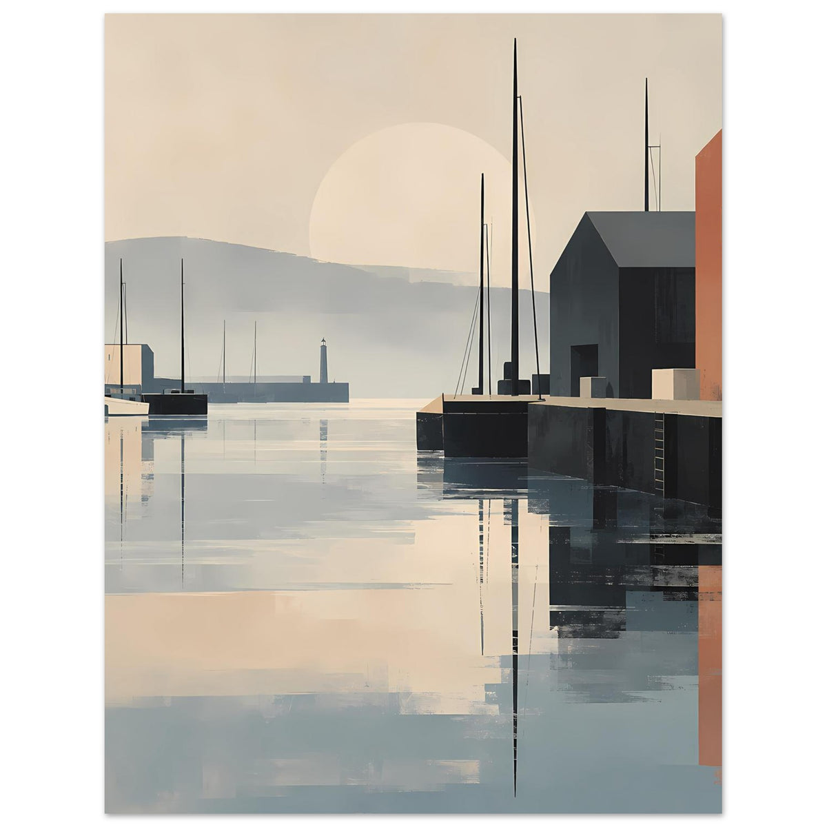 Abstraktes Hafen-Poster mit Masten, grau-blauen Flächen und ruhiger Spiegelung auf dem Wasser