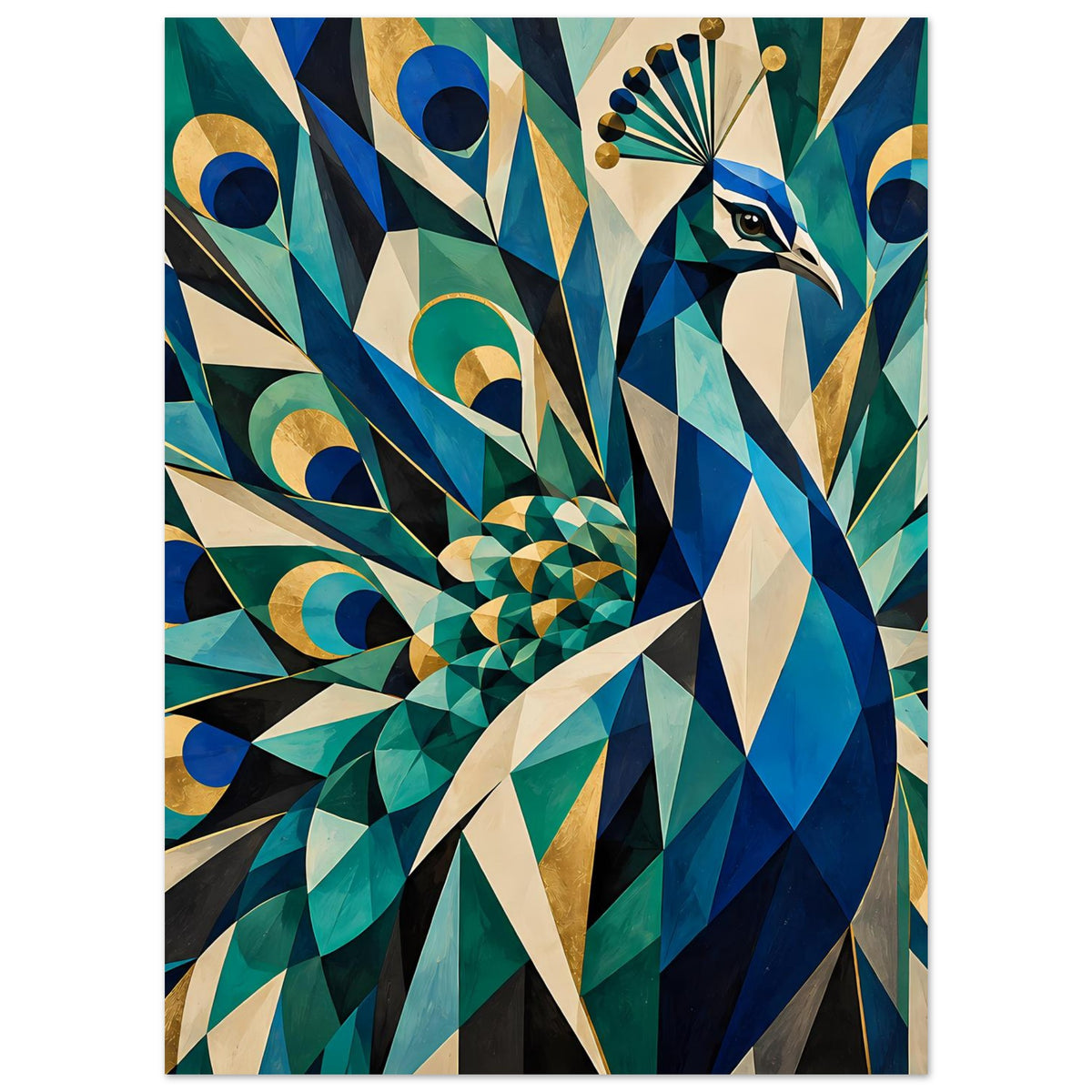 Geometrischer Pfau Druck: Vogelkopf rechts, strahlende Schwanzfächer in Blau und Gold