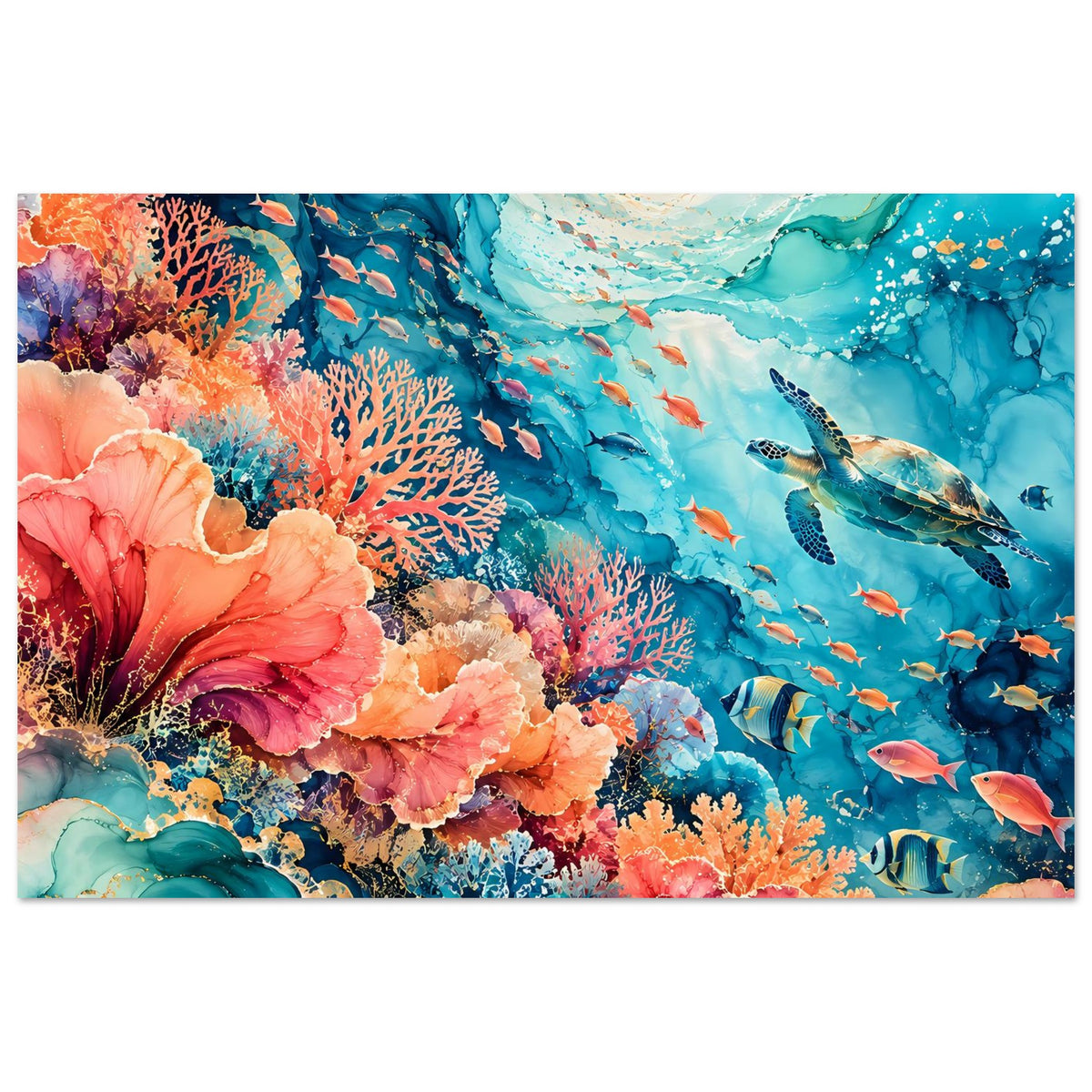 Unterwasserparadies-Poster mit Korallen und Fischen, überwiegend Türkis und Orange