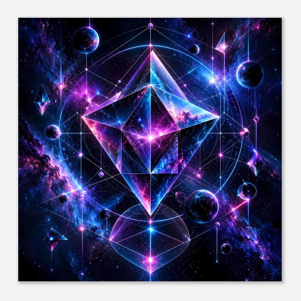 Quadratnahes Cosmos-Geometrieposter: violett-blauer Diamantstern und Planeten