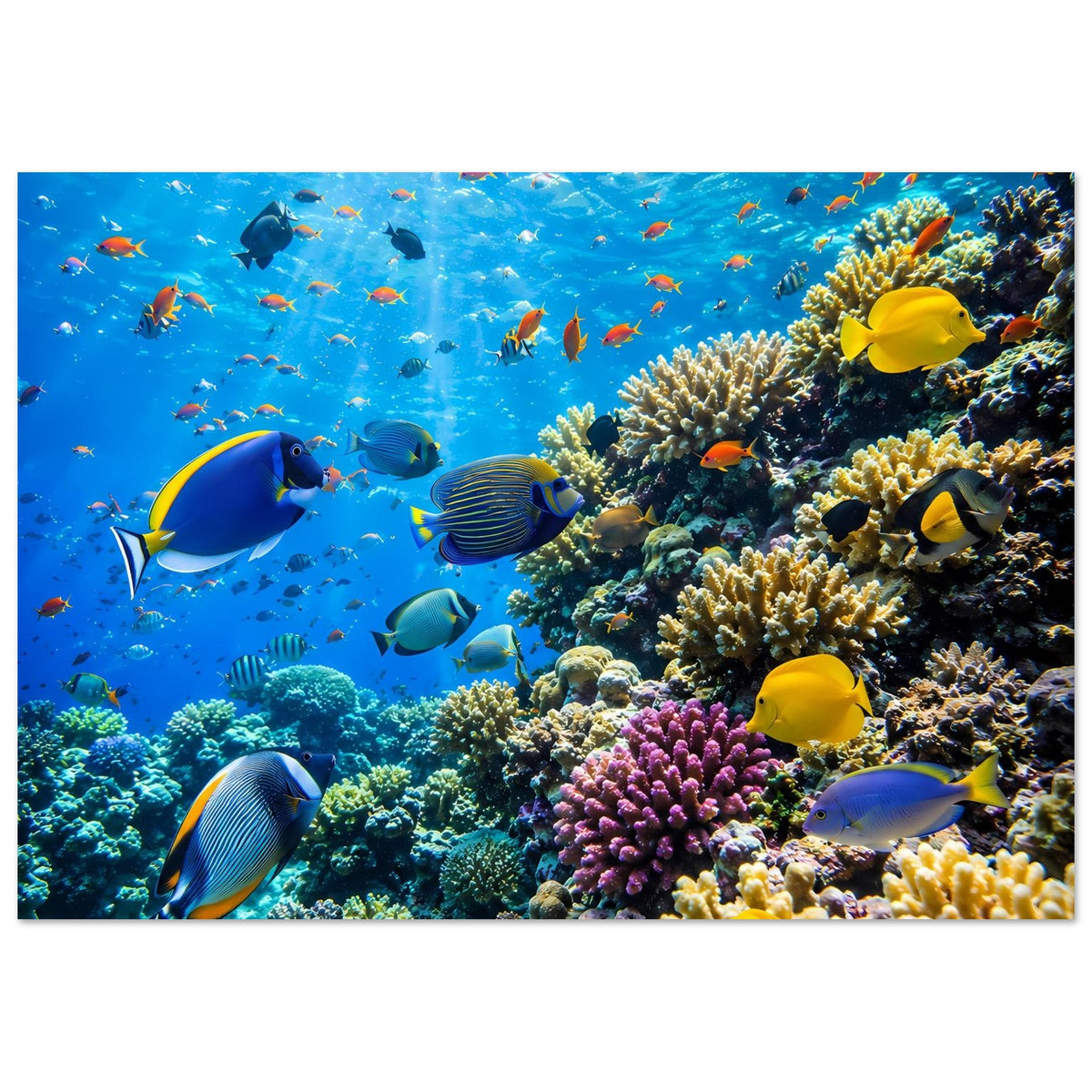 Wandposter mit Korallenriff, gelben und blauen Fischen sowie farbigen Korallenstöcken