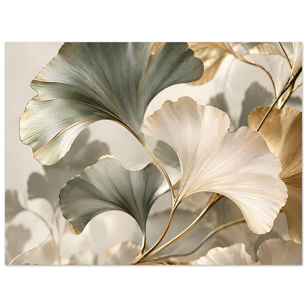 Poster im Querformat mit Ginkgo-Blättern: Grau-Grün, Creme und Goldakzente