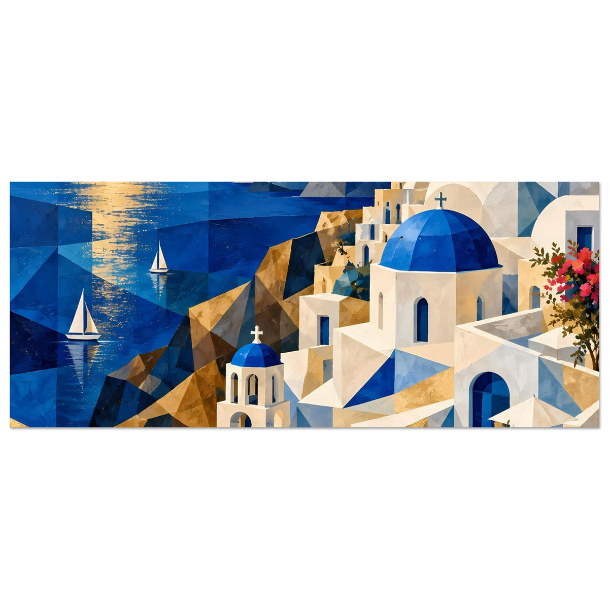 Breites Poster mit blauen Segeln, goldenen Flächen und weißen Santorini-Kuppeln