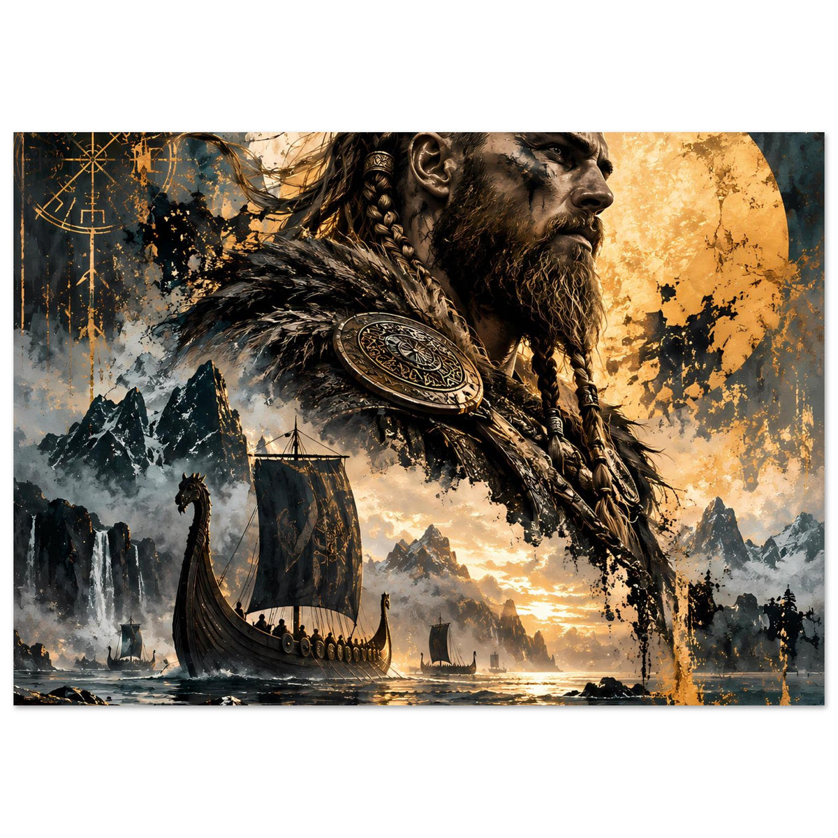 Poster im Querformat: Wikingerkrieger-Profil mit geflochtenem Bart, Fellumhang, Schild und Schiff.