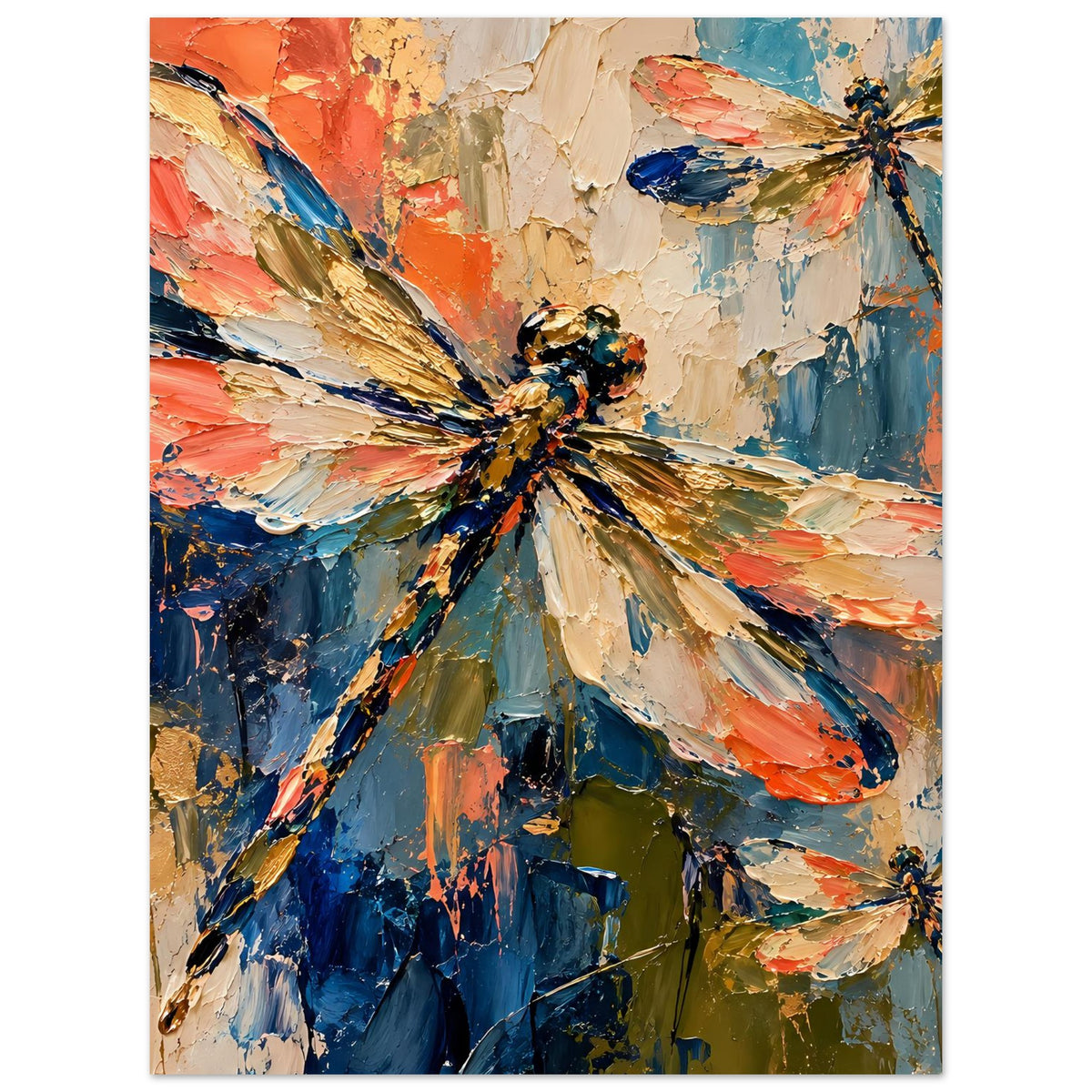 Hochformat-Poster mit abstrakter Libelle, leuchtende Akzente in Orange, Blau und Creme