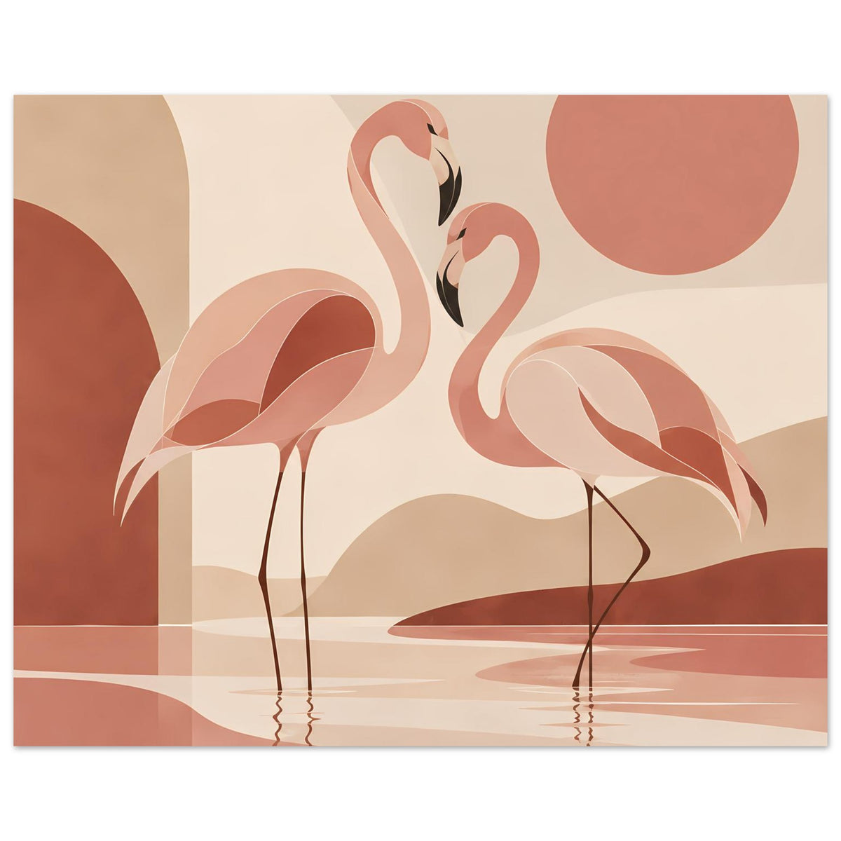 Naturposter: zwei Flamingos vor abstraktem Sonnenmotiv, Wasserreflexe in warmen Farbtönen