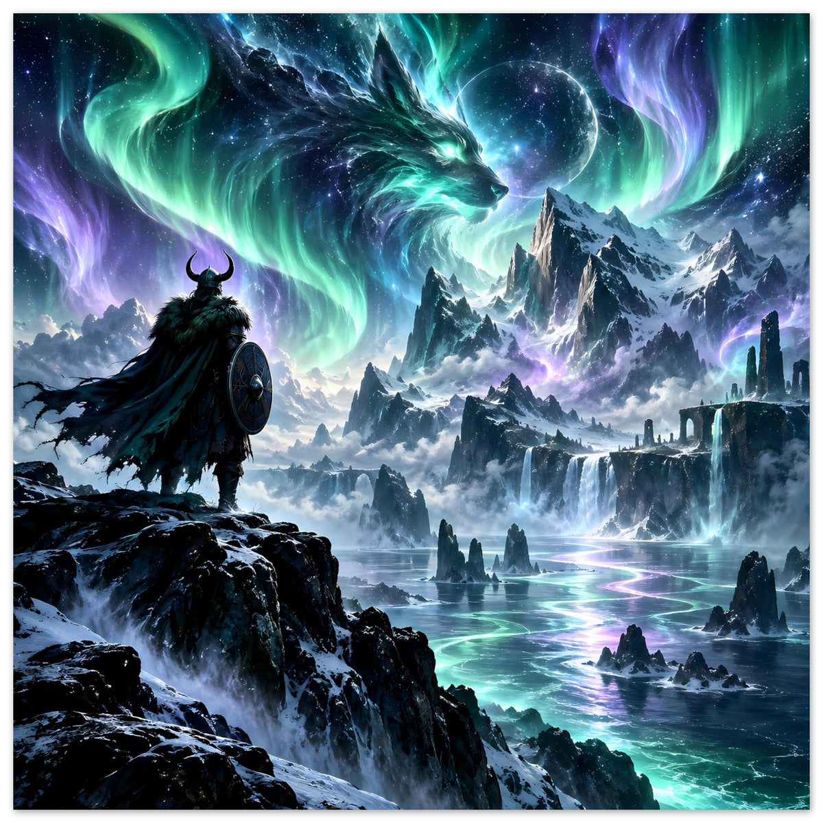 Fantasy-Poster: Krieger auf Felsen, riesiger Drachen unter Polarlicht über einer kalten Küste