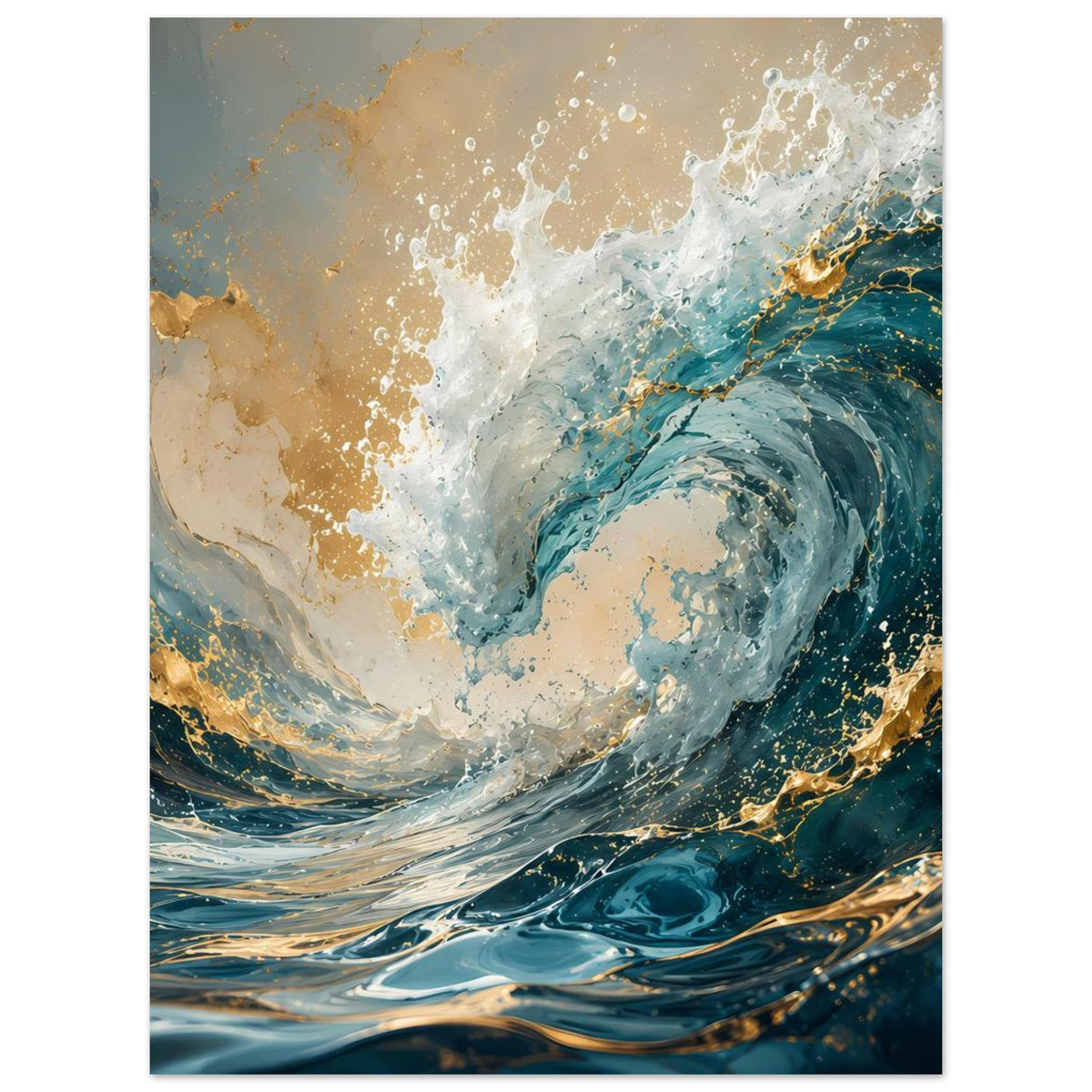 Poster mit großem Wirbel in Türkis und Dunkelblau, weißem Schaum und goldenen Linien