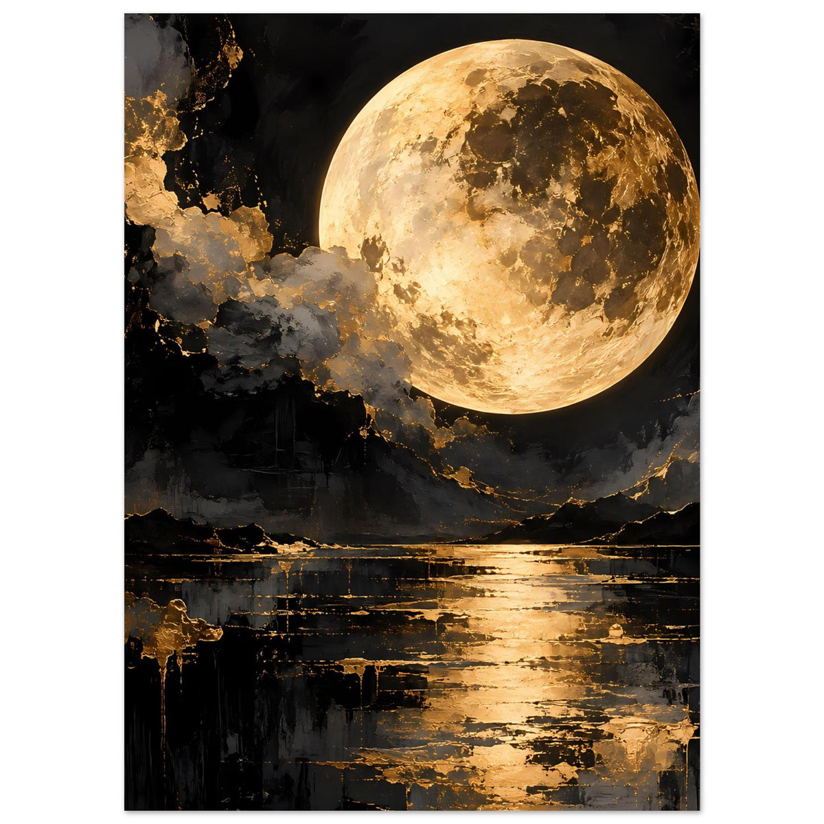 Wandposter mit goldener Vollmondscheibe, Texturwolken und spiegelndem, goldfarbenem Wasser