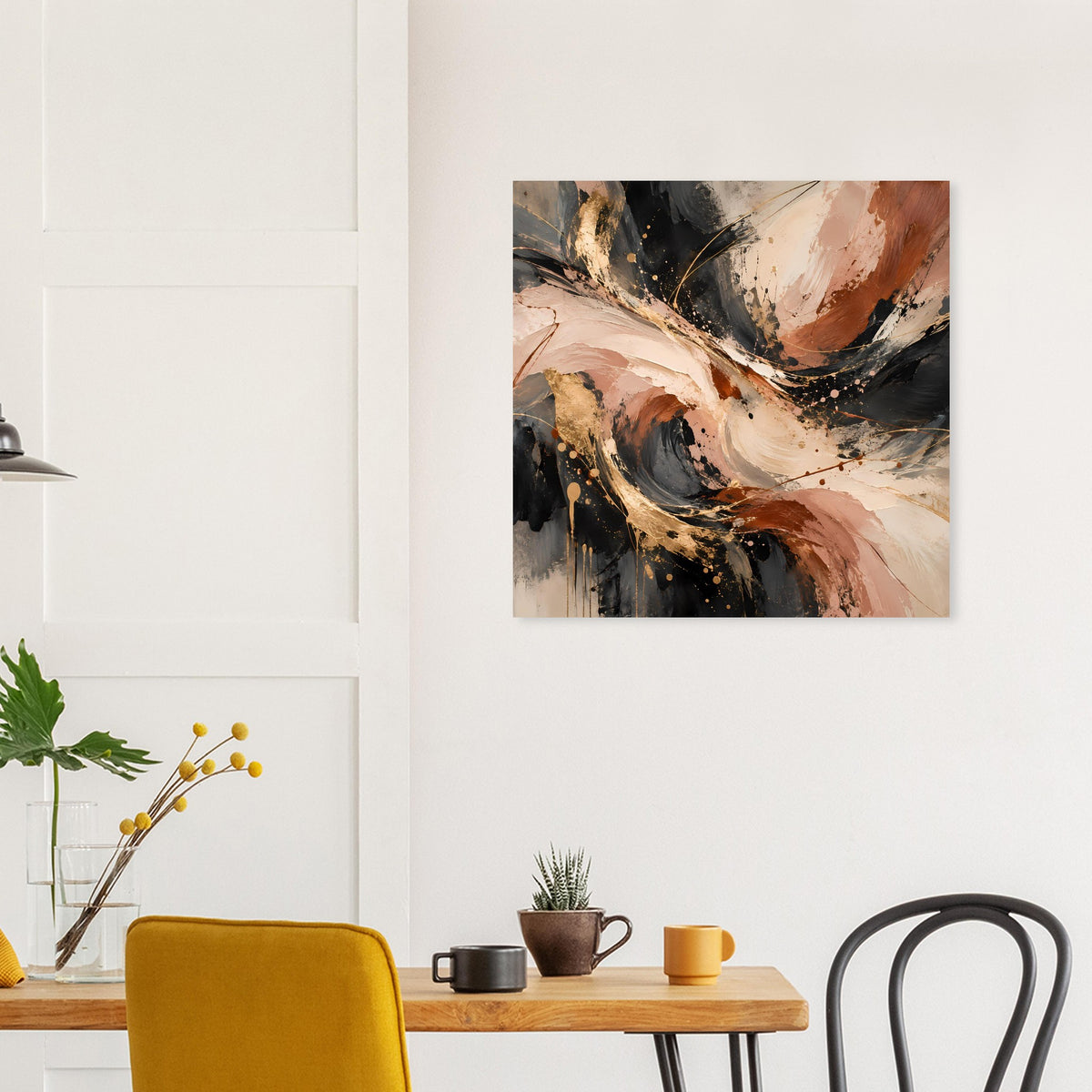 Abstraktes Kunstposter mit warmen Erdtönen: beige, rostbraun und schwarze Sprenkel