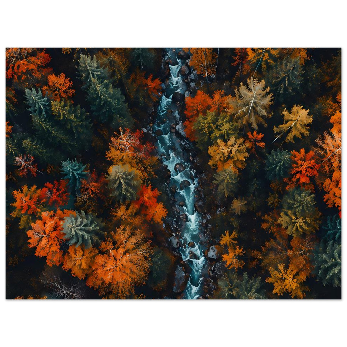 Flusswald-Poster: blauer Fluss zwischen orange und gelb gefärbten Baumkronen