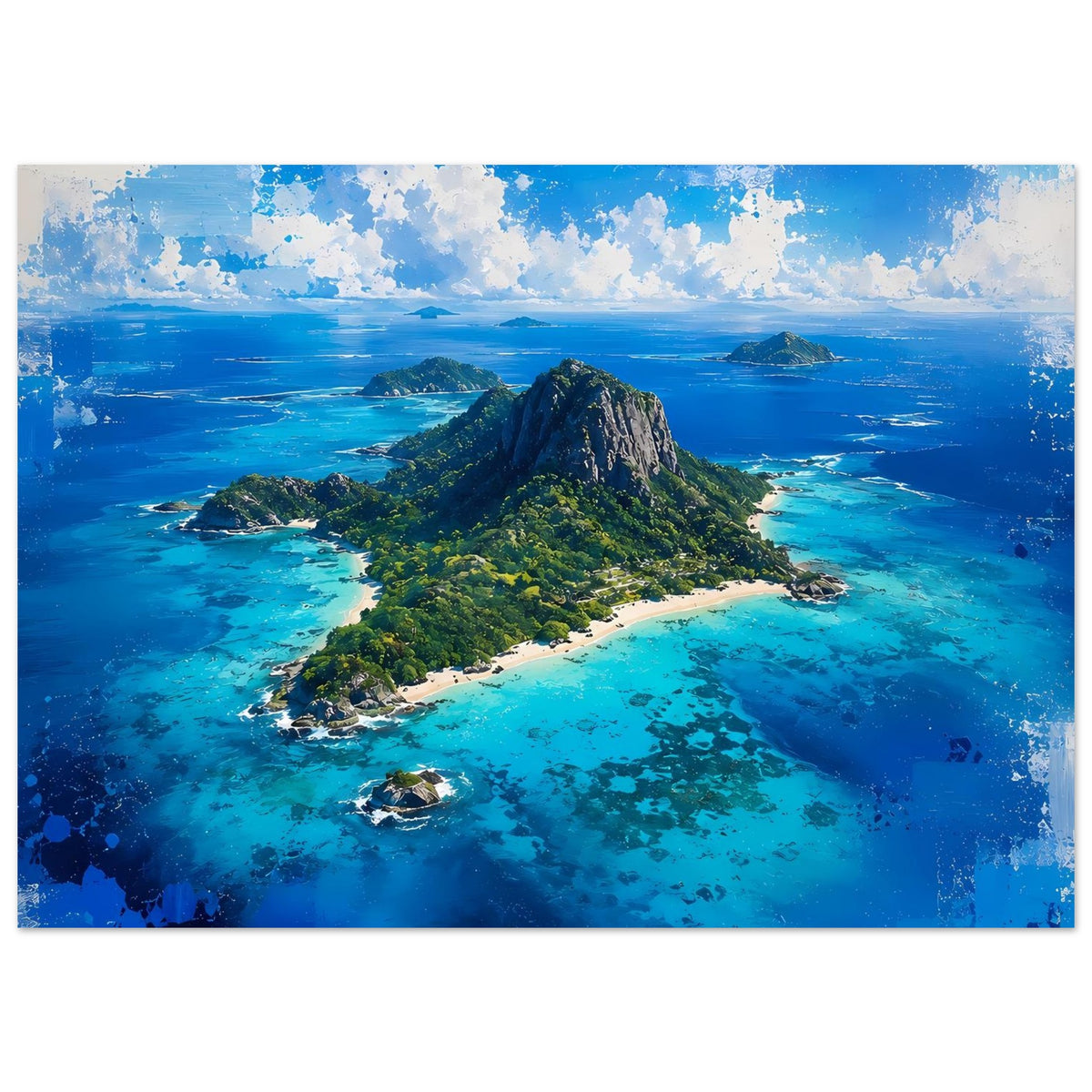 Poster tropische Insel mit grünem Felsberg und türkisblauem Wasser, Blick auf Strandinseln