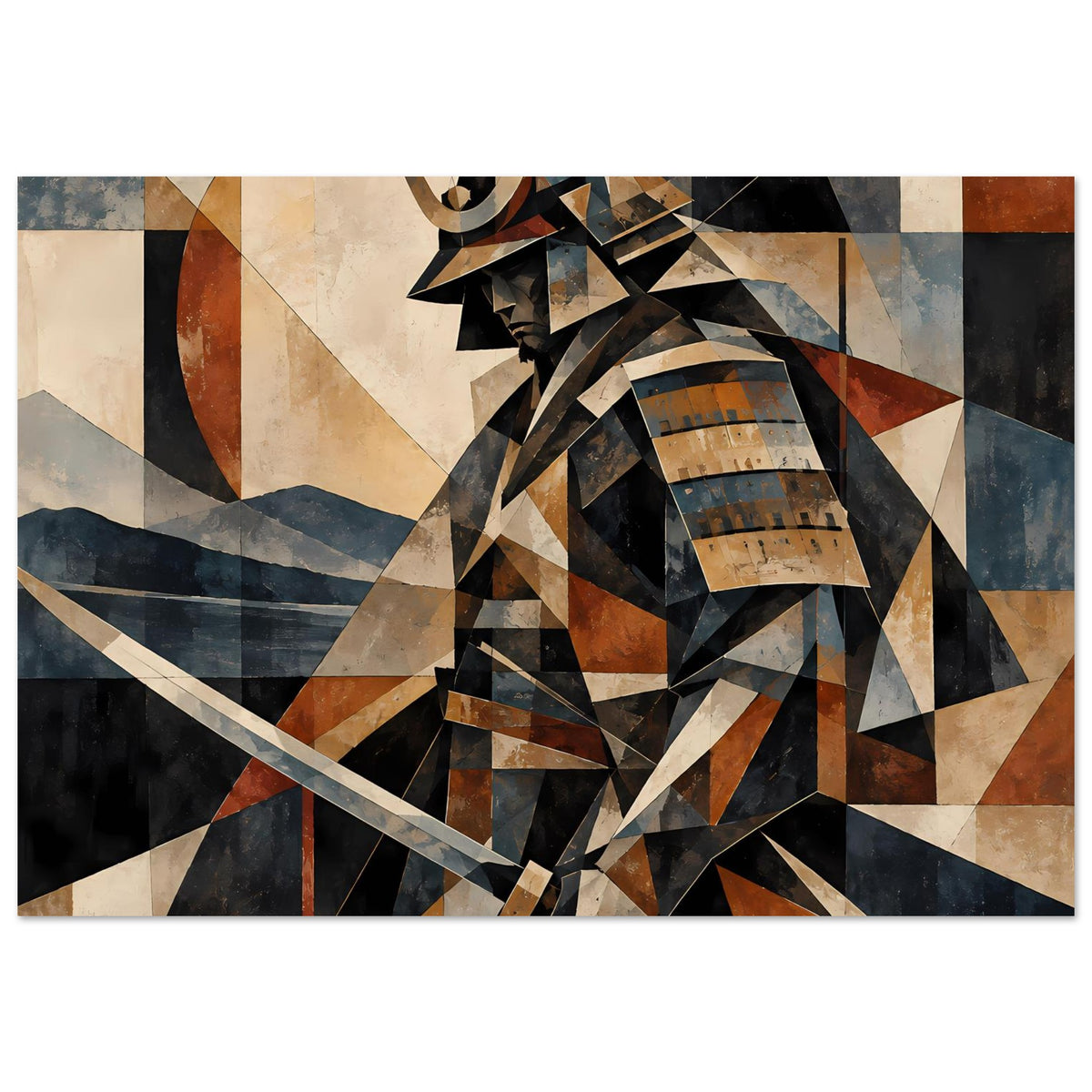 Poster-Print mit geometrischem Samurai-Krieger in erdigen Brauntönen und Blau, Schwert im Bild