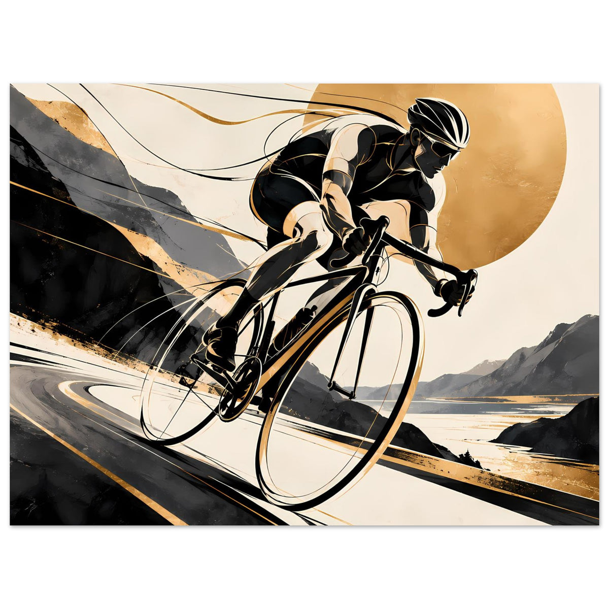 Querformat-Sportposter mit Radfahrer auf Rennrad, Schwarz und Gold