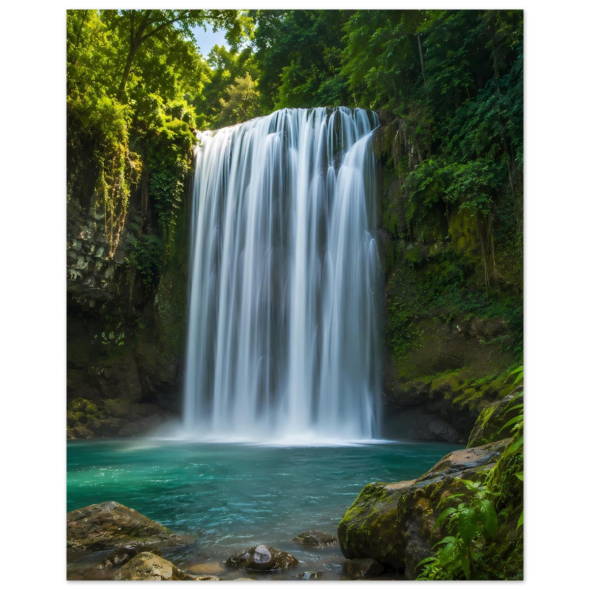 Wandposter im Hochformat mit Wasserfall, Steinen vorn und viel grünem Bewuchs