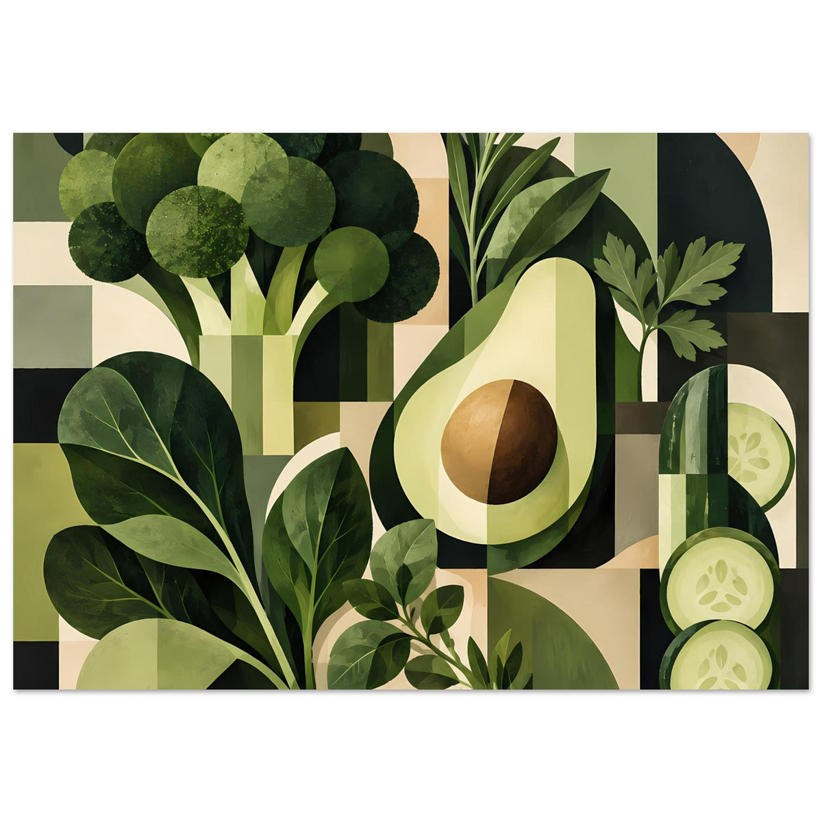 Geometrisches Poster mit grünen Gemüsemotiven: Avocado, Gurke und Kräuter (querformat).