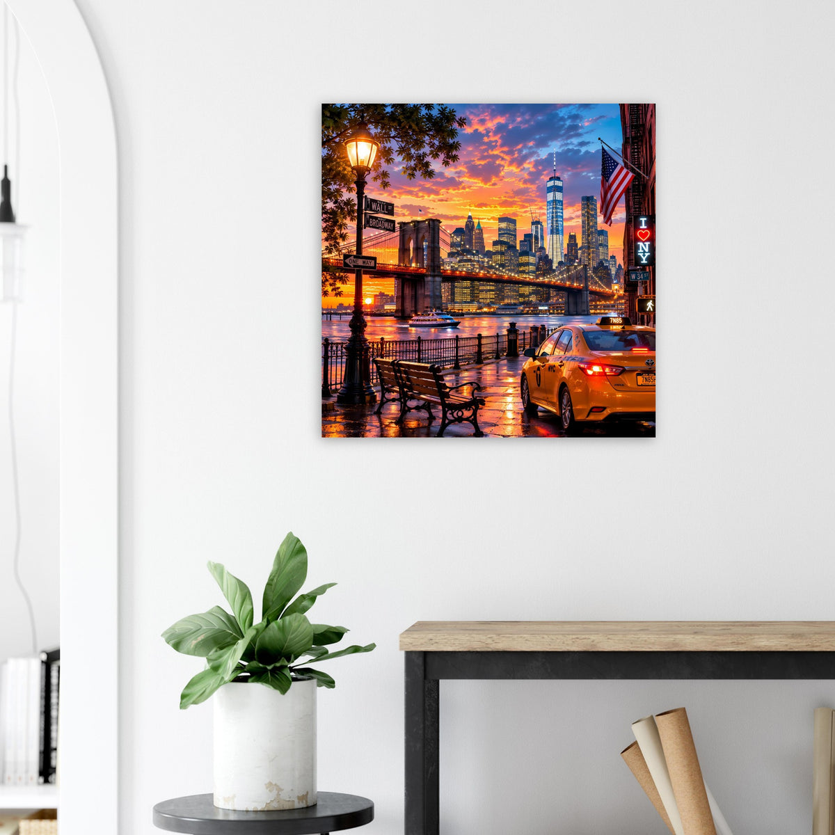 Wandposter mit Sonnenuntergang-Skyline, Brücke und beleuchtete Gebäude