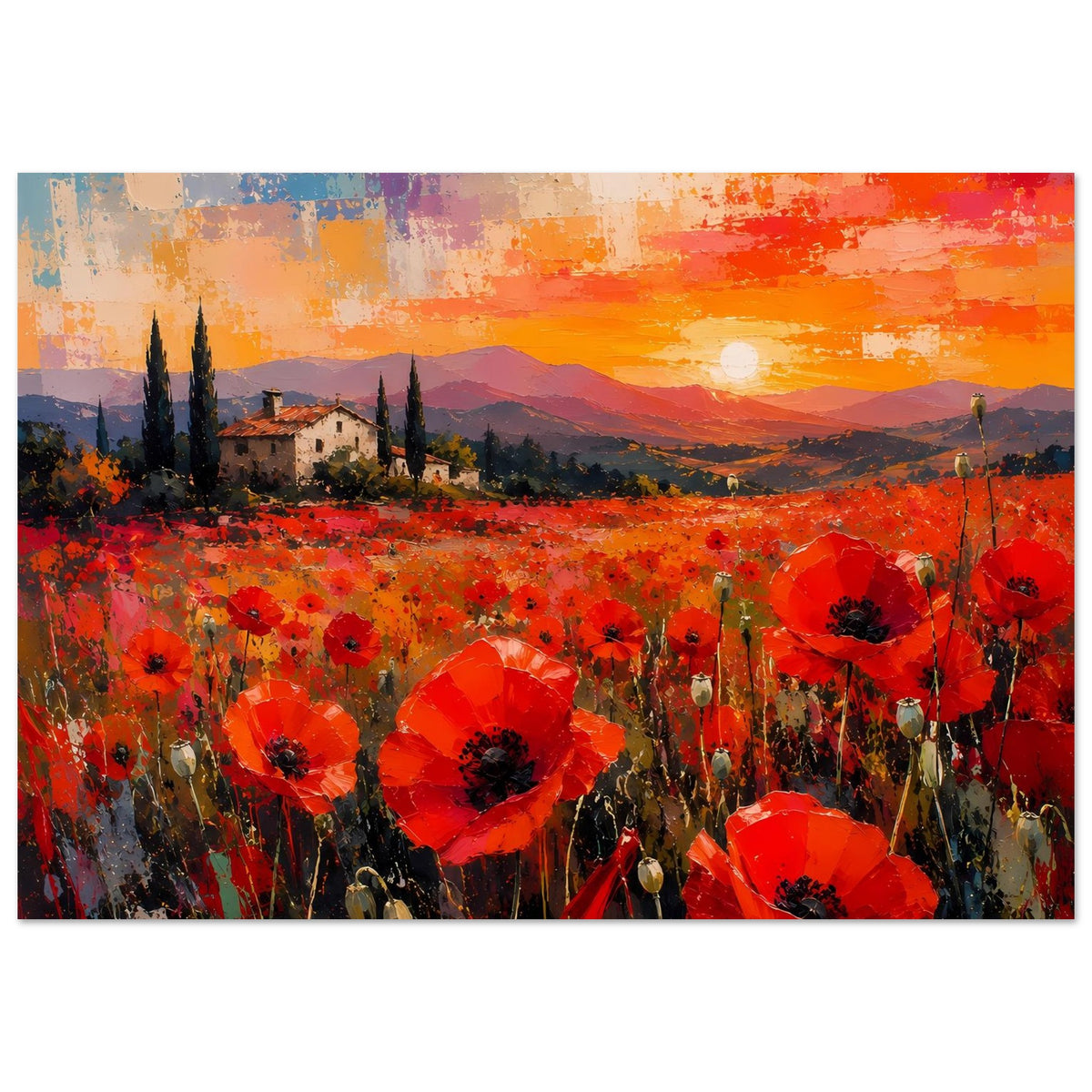 Poster: rotes Blumenmeer, mediterrane Häuserlandschaft, Hügel und leuchtende Abendsonne