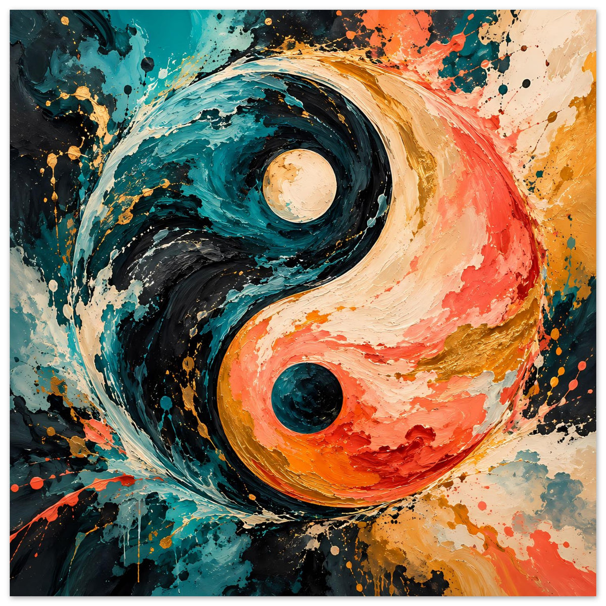 Abstraktes Yin-Yang-Poster mit türkis, orange und schwarzem Farbwirbel auf weißem Rand