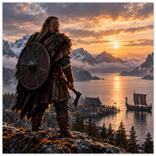 Vikinger-Poster: Wikinger mit Rundschild, Fellumhang und Langschiff am Fjord