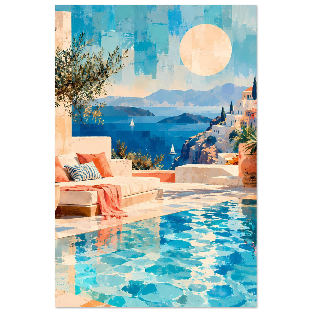 Kunstposter im Hochformat mit Pool, Meerblick und Sonnenscheibe in Blau und Koralle