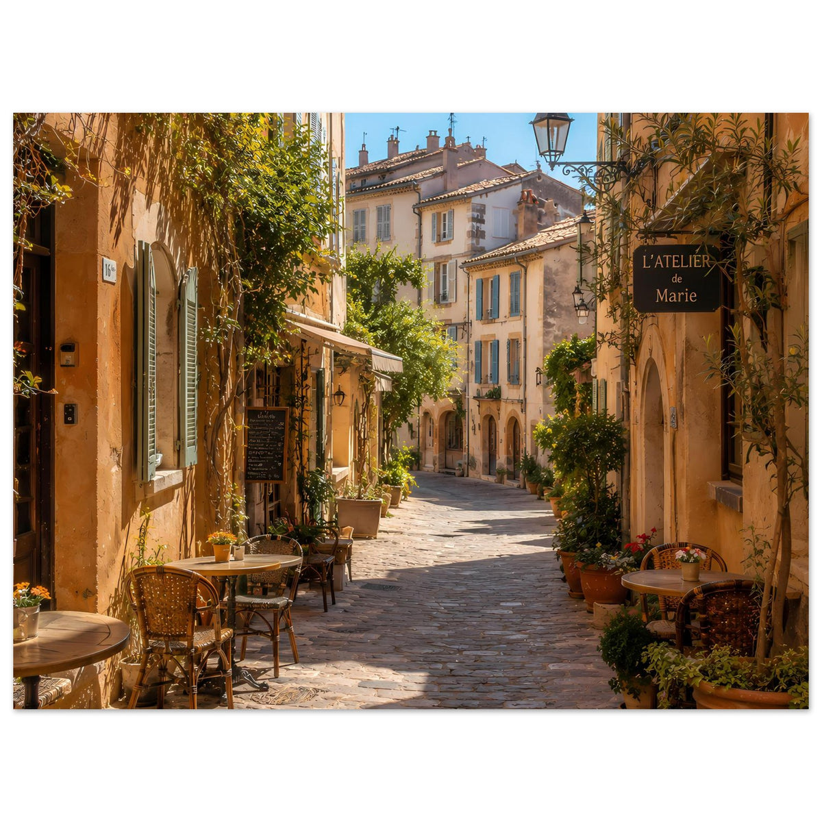 Poster mit sonniger mediterraner Altstadtgasse und Cafés