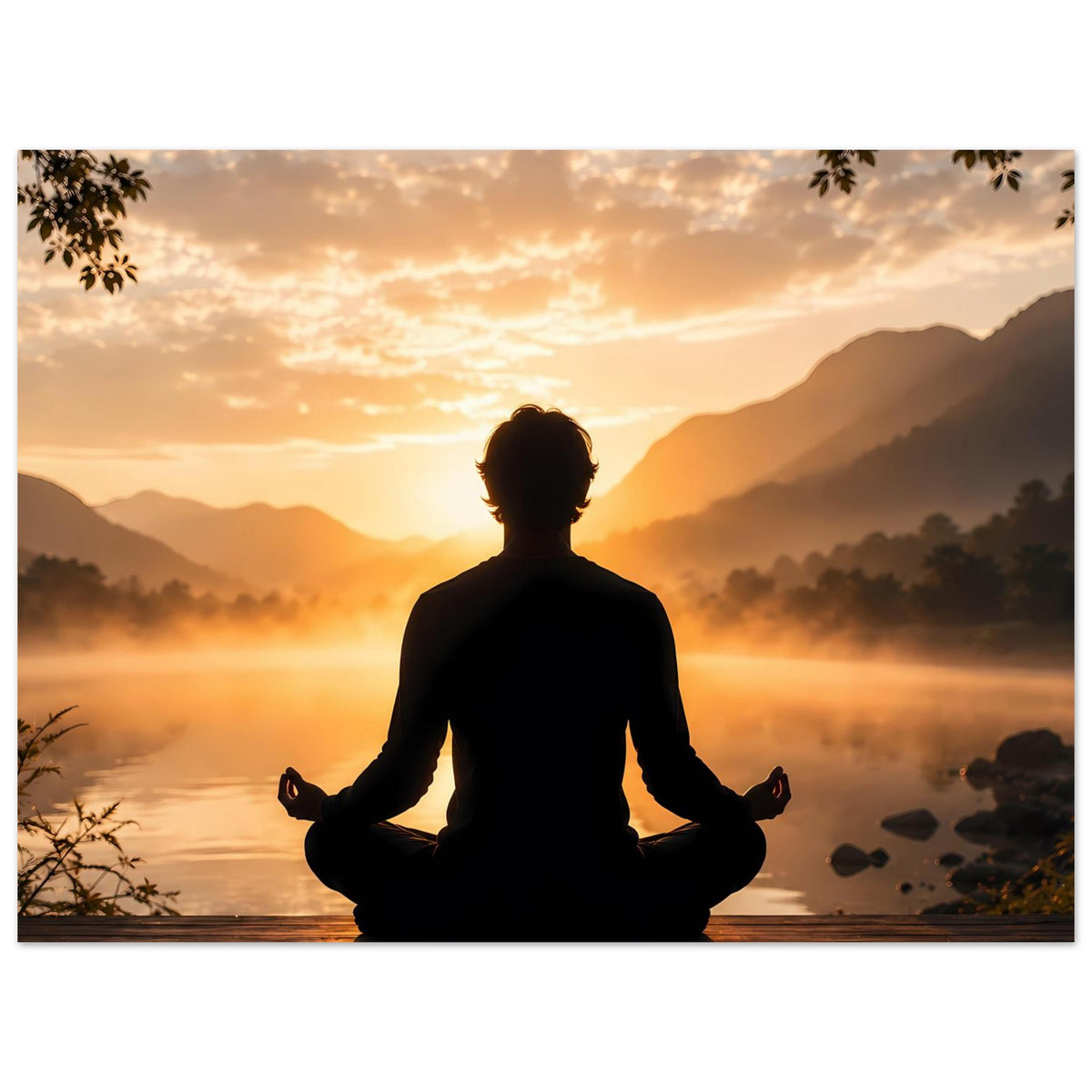 Zen-Meditationsposter im Querformat: meditierende Silhouette mit Sonnenaufgang über Wasser und Bergen.