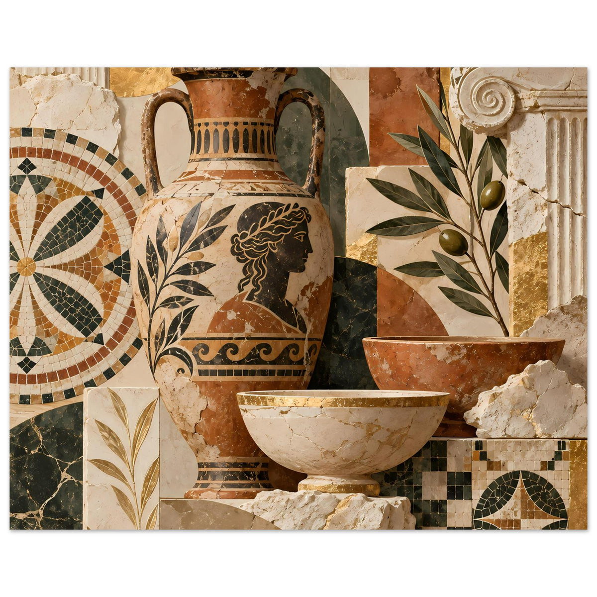 Mosaikposter mit Vase, weißer Schale, grünen Blättern und mediterranen Wandmosaiken
