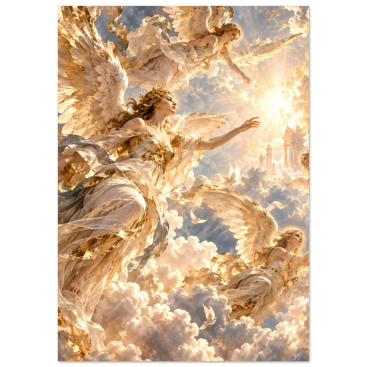 Vertikales Engelbild auf Premium-Mattposter, goldene Flügel und Frauengestalt über Wolken