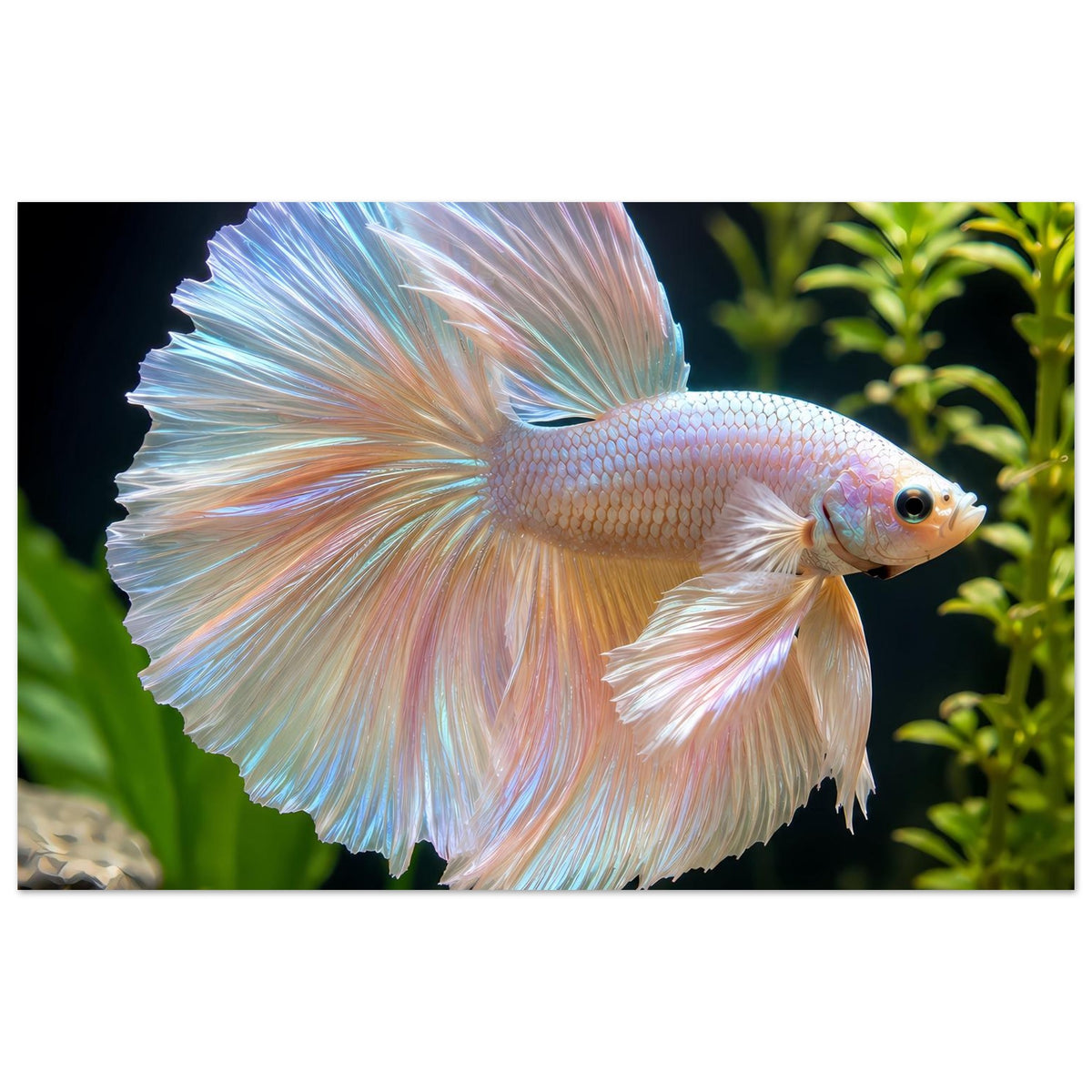 Poster mit irisiertem Betta-Fisch, weißlich mit blau-rosa Schimmer und weit ausgebreiteten Flossen