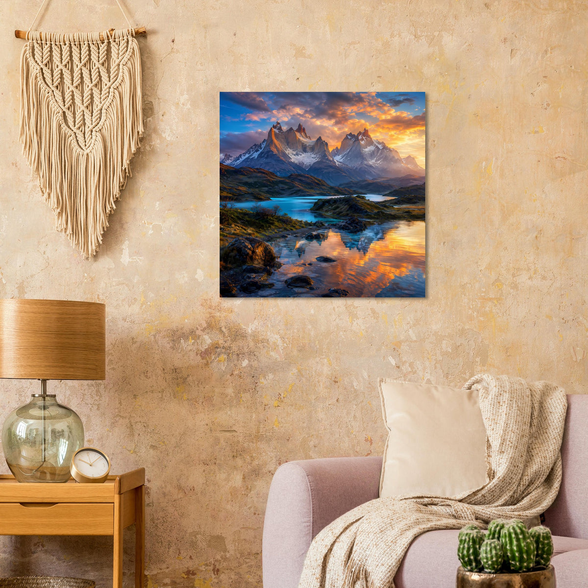 Poster mit Alpenlandschaft: Berge, See und orangefarbener Sonnenuntergang, blauer Rand