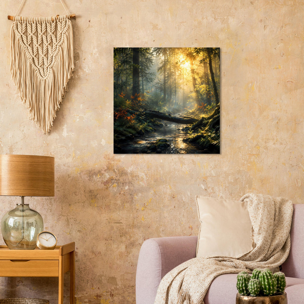 Wandposter mit Waldstrom, Lichtstreifen am Boden und moosigem Weg