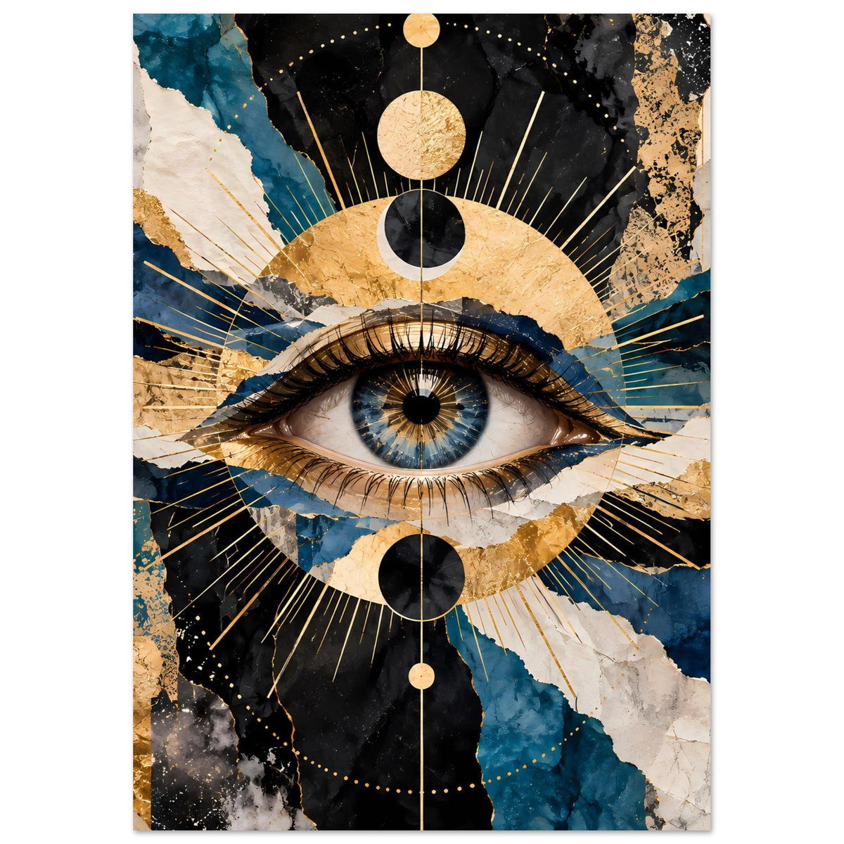 Vertikales Kunstposter mit Augenmotiv, goldene Kreise und Strahlen, Blau- und Goldtexturen