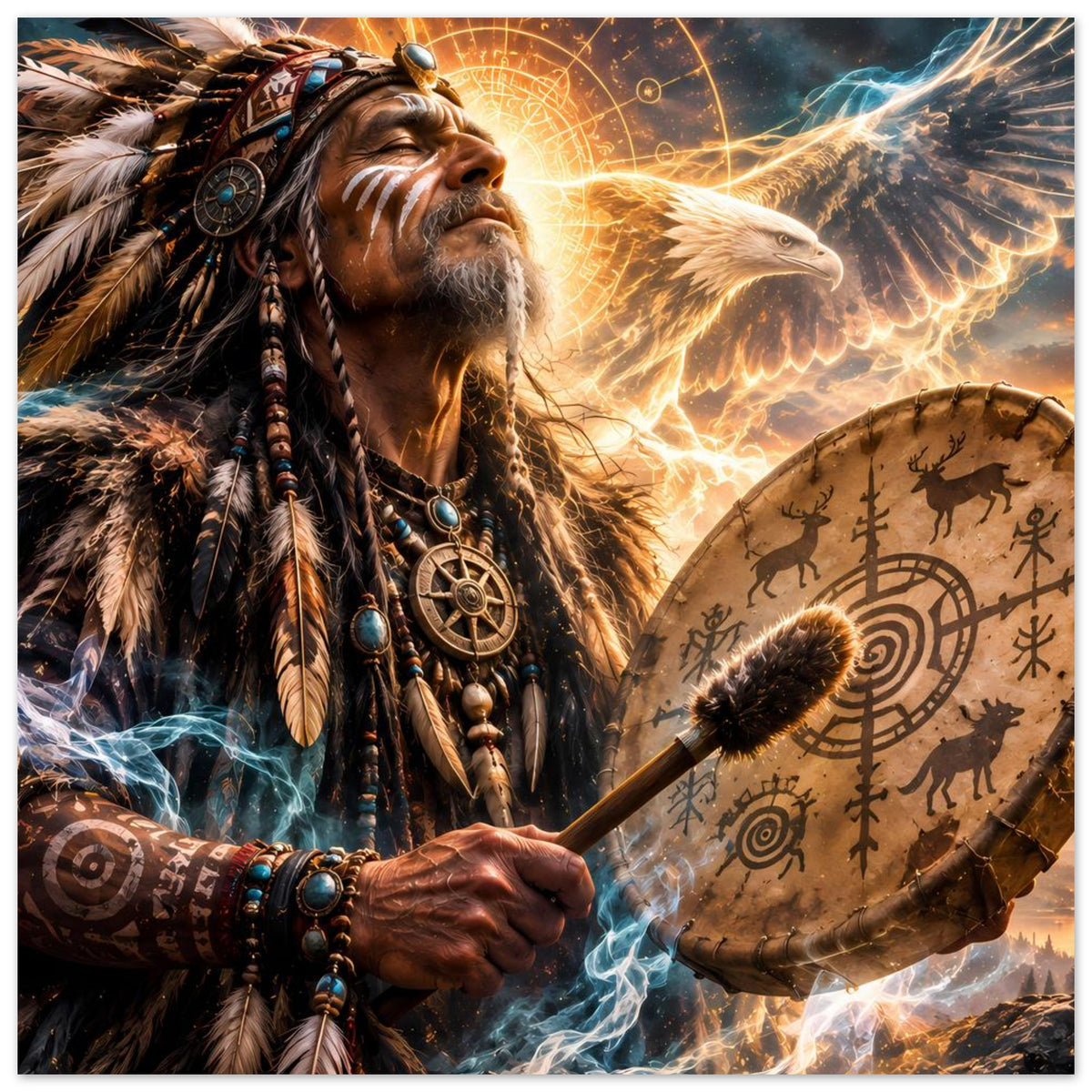 Fantasy-Poster: Schamane hält Trommel, goldenes Adlermotiv, blaue Rauchwolken unten