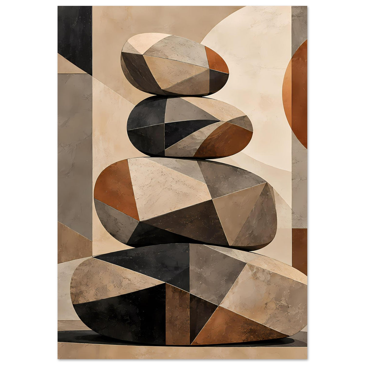 Abstraktes Poster mit geometrischem Stapel aus Steinformen, beige, schwarz und rostfarben