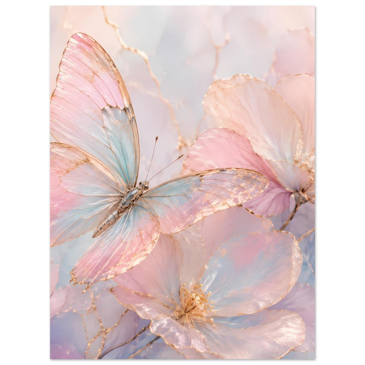 Aquarell-Poster mit Schmetterling und rosé-blauen Blüten, goldenen Akzenten