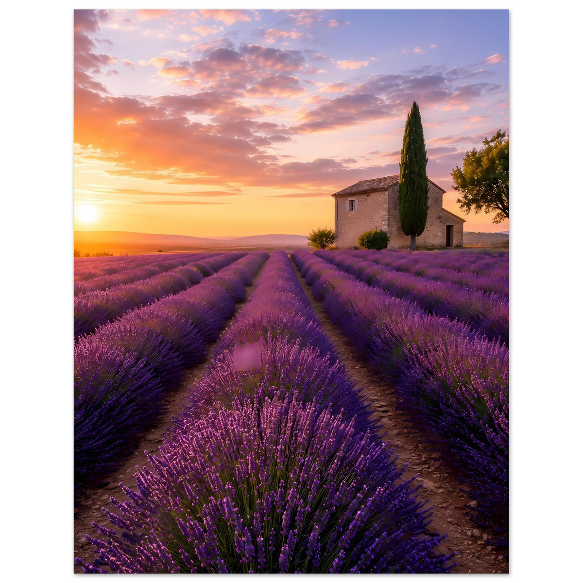 Lavendel-Sonnenuntergang-Poster mit Lavendelfeld-Pfade, Bauernhaus rechts, hoher Zypressenbaum