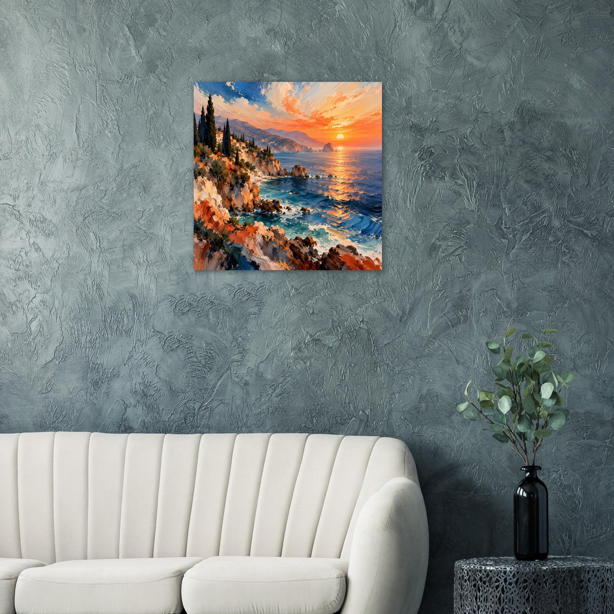 Wandposter mit Küste und Sonnenuntergang, blau-orange Himmel über dem Wasser