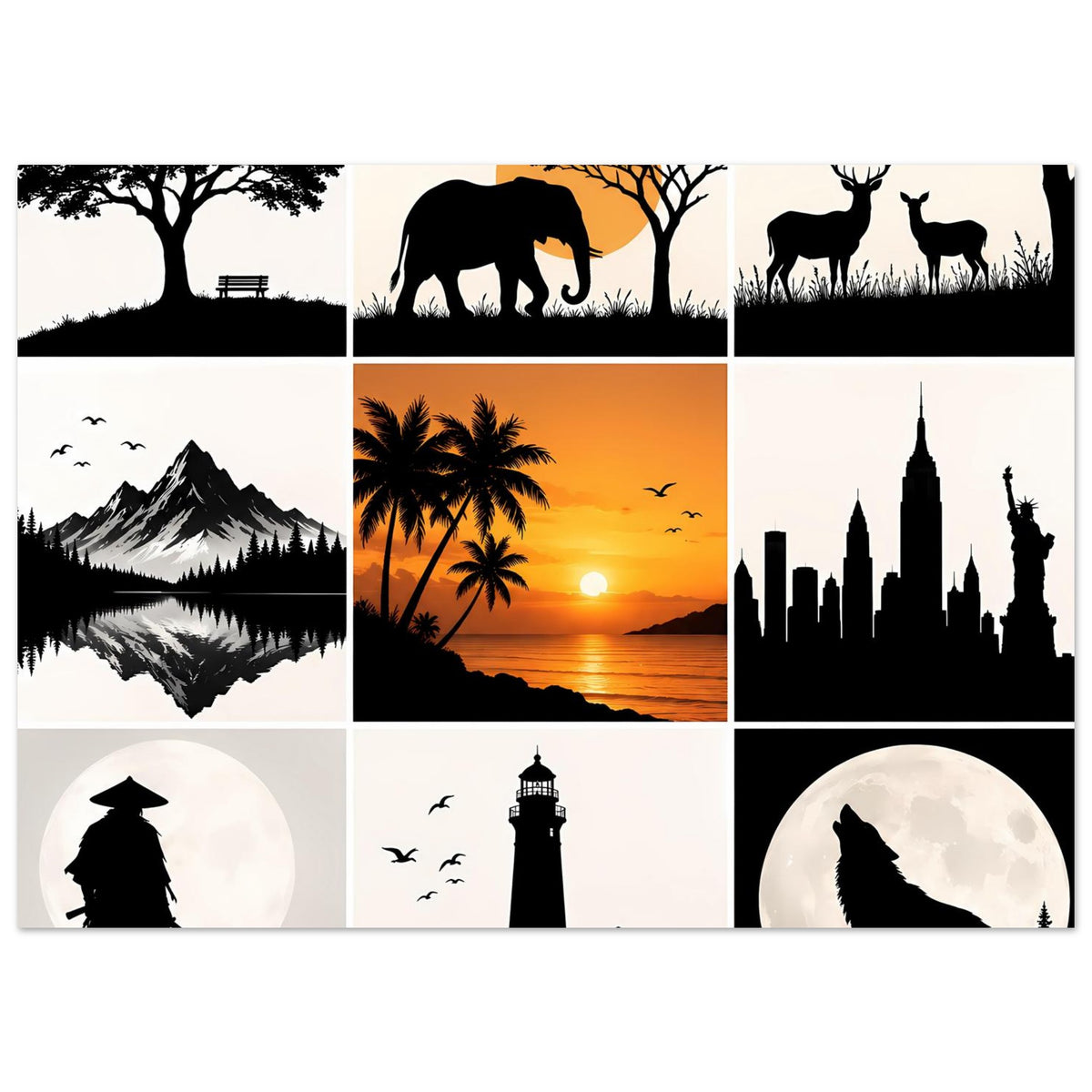 Kunstdruck-Poster mit Silhouetten-Mix: Tierwelt, Berge, Palmen, Skyline sowie Wolf im Kreis