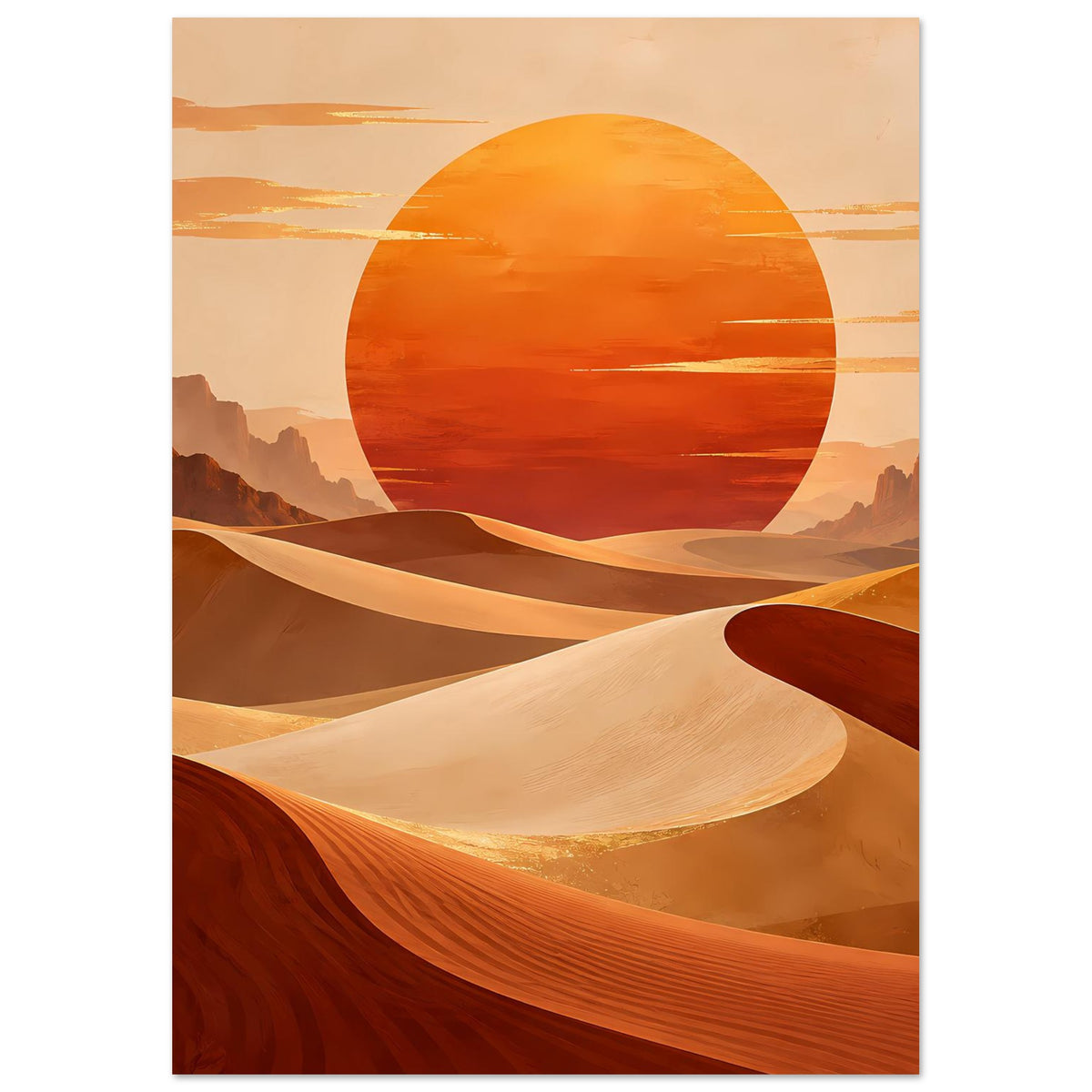 Vertikales Poster mit Wüstenlandschaft, großer orangefarbener Sonne über Dünen und Felsformationen.
