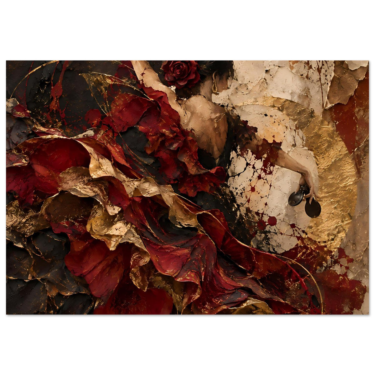 Wandkunst-Poster mit Frau im Detail, roter Rose, dramatischem Flamenco-Gewand und Rissen