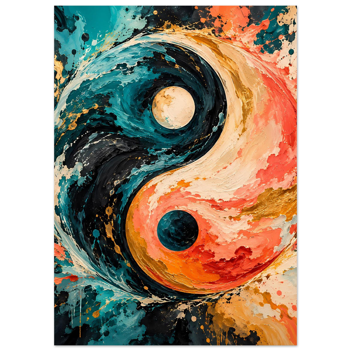 Abstraktes Yin-Yang-Poster mit beige- und goldfarbenen Akzenten im türkis-orangen Wirbel
