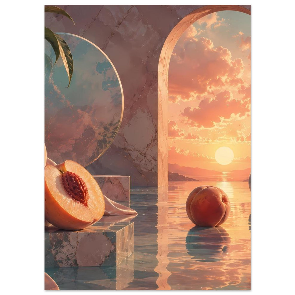 Poster mit Pfirsichstillleben: Pfirsichhälfte, Kreis- und Bogenrahmen, Sonnenuntergang am Wasser