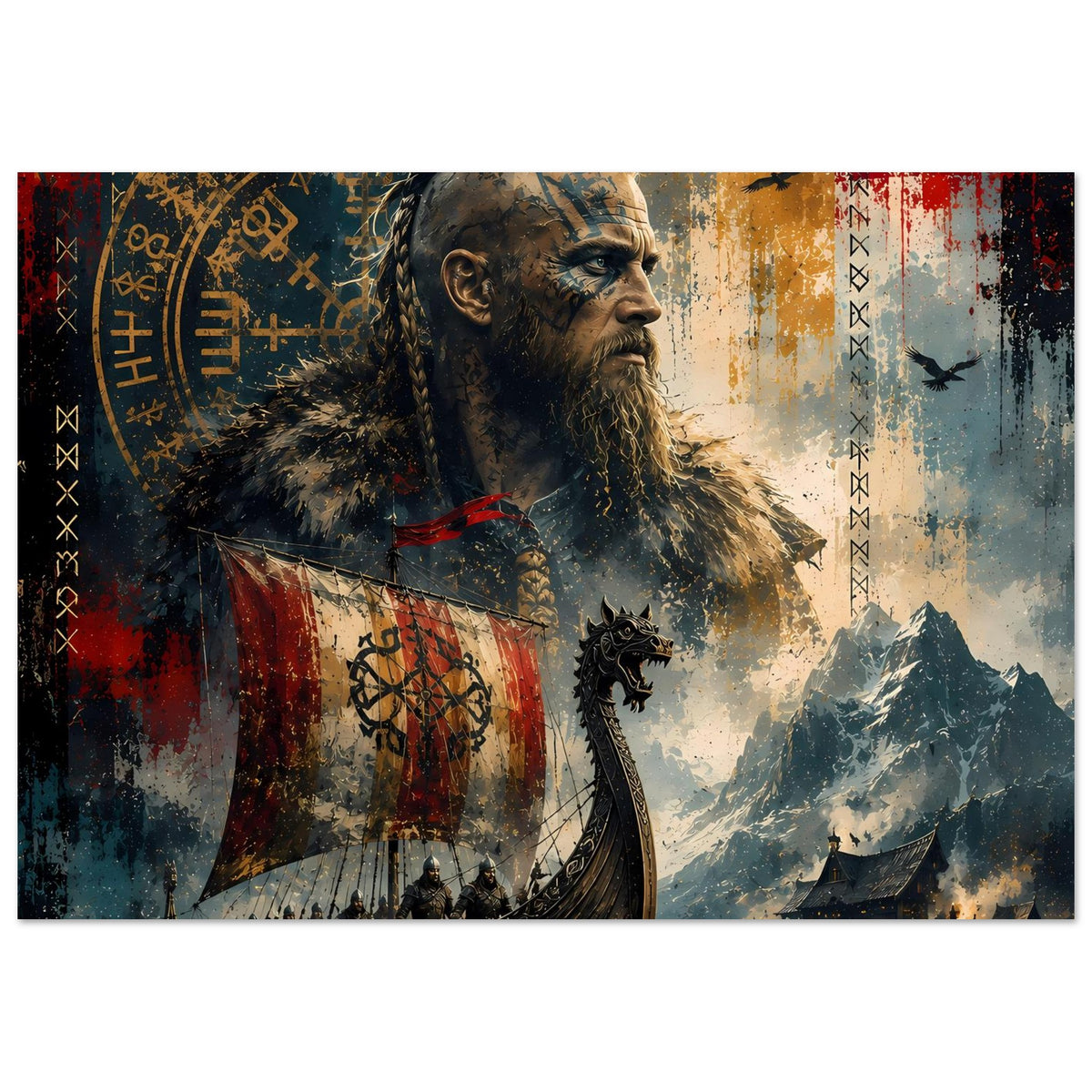 Wikinger-Legendenposter mit Kriegerporträt, Drakkar und verschneiter Berglandschaft