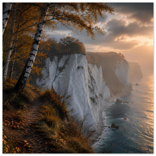 Poster mit weißen Kreidefelsen an der Küste, Meer und goldenem Abendlicht