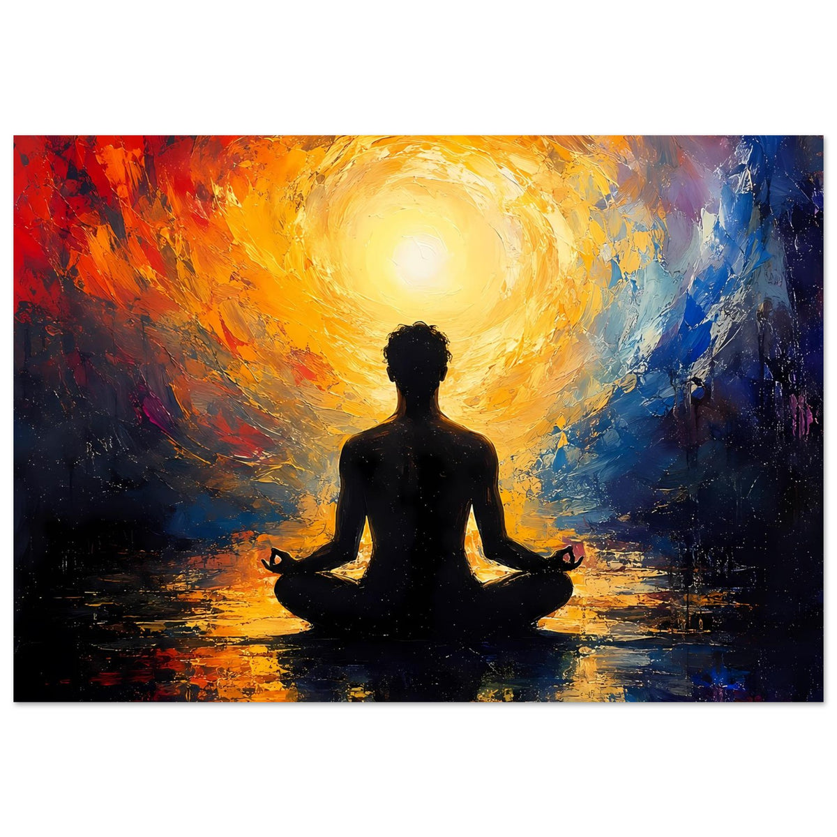 Zen-Poster mit schwarzer Meditationssilhouette im Sitzen, umgeben von orange-gelber Aura