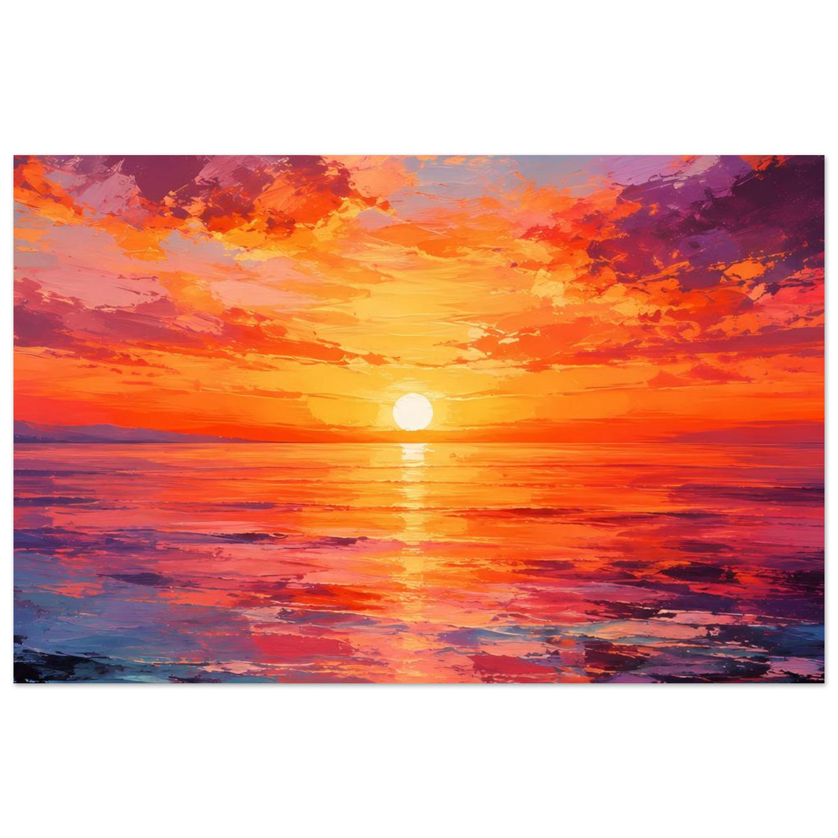 Poster mit Sonnenuntergang am Meer: orangefarbene Sonne über dunklem Wasser.